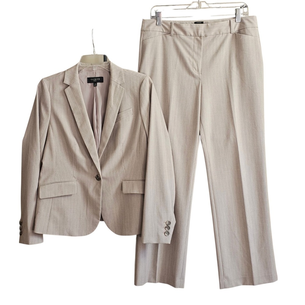 Talbots 2pc Pant Suit Taupe &Lavender Pinstripe Womens Size 10P
